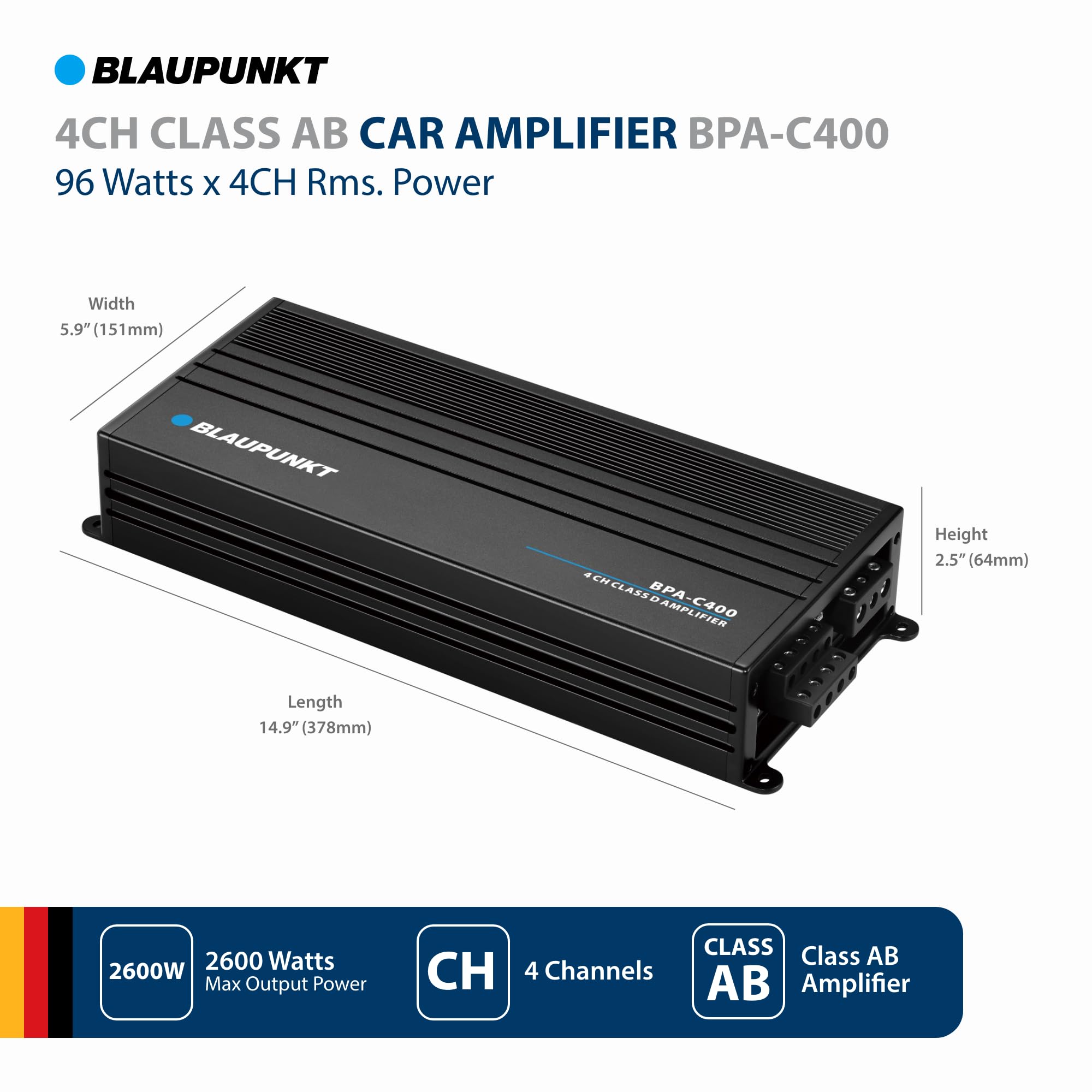 BLAUPUNKT BPA-C400 Elite Car Audio Class AB 4-Channel 2600W Stereo Amplifier BLAUPUNKT BPA-C400 Elite Car Audio Class AB 4-Channel 2600W Stereo Amplifier
